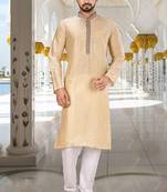 Fawn dupion art silk  kurta with hand work on collar and front button line