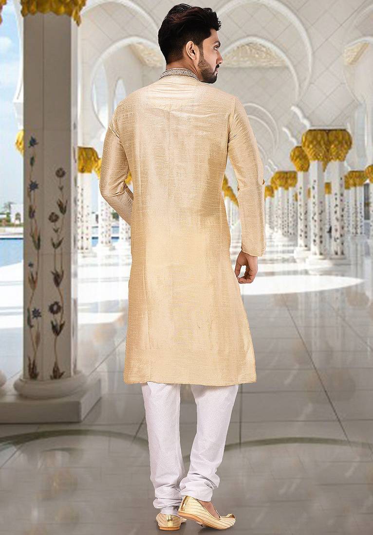 Fawn dupion art silk  kurta with hand work on collar and front button line