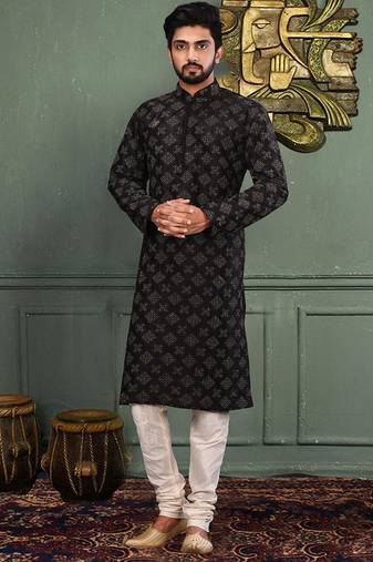 Black dupion art silk  kurta with computerised embroidery machine work churidar