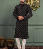Black dupion art silk  kurta with computerised embroidery machine work churidar