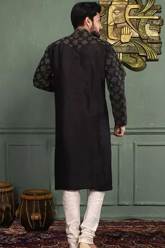 black art dupion silk kurta with embroidered design