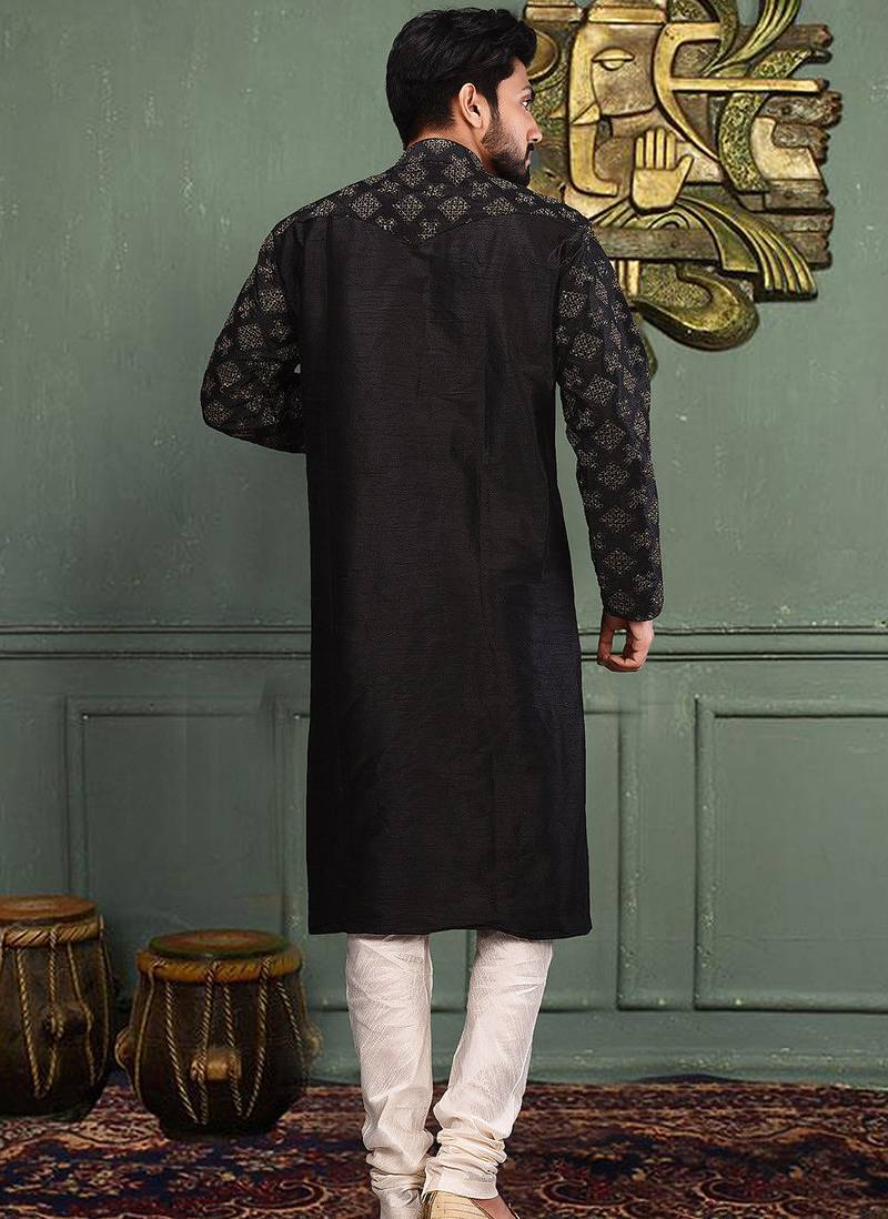 Black dupion art silk  kurta with computerised embroidery machine work churidar
