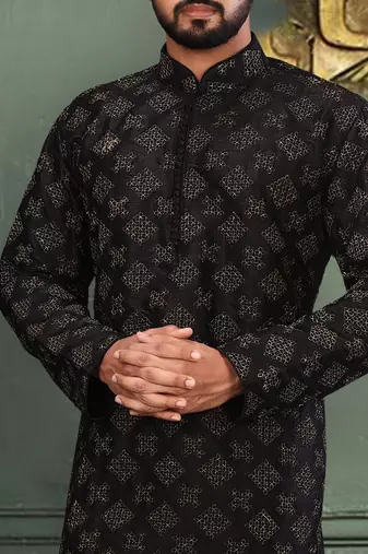 black art dupion silk kurta with embroidered design