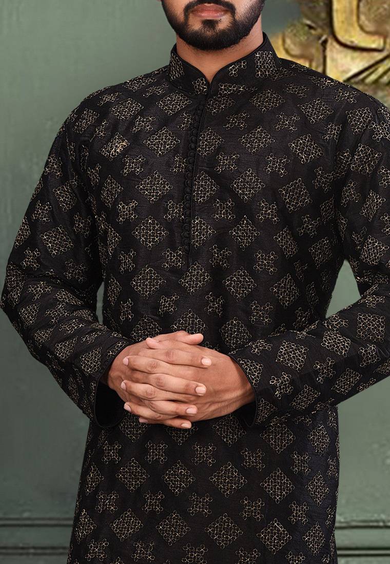 Black dupion art silk  kurta with computerised embroidery machine work churidar