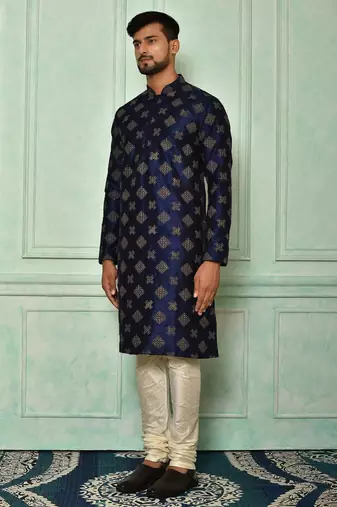 blue art dupion silk kurta with cream churidar set