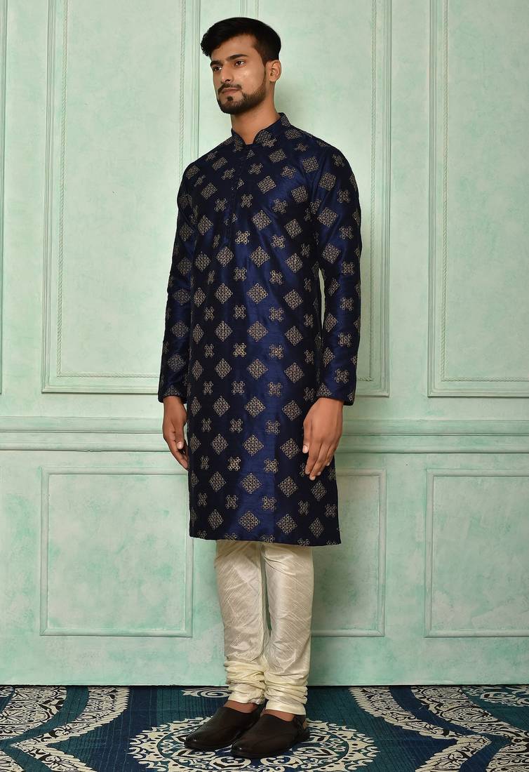 Blue dupion art silk  kurta with computerised embroidery machine work churidar
