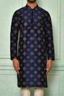 blue art dupion silk kurta with cream churidar set 3