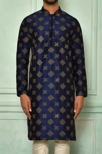 blue art dupion silk kurta with cream churidar set