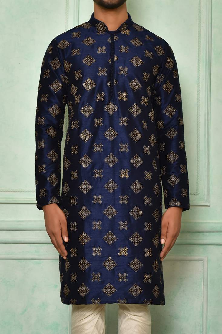 Blue dupion art silk  kurta with computerised embroidery machine work churidar