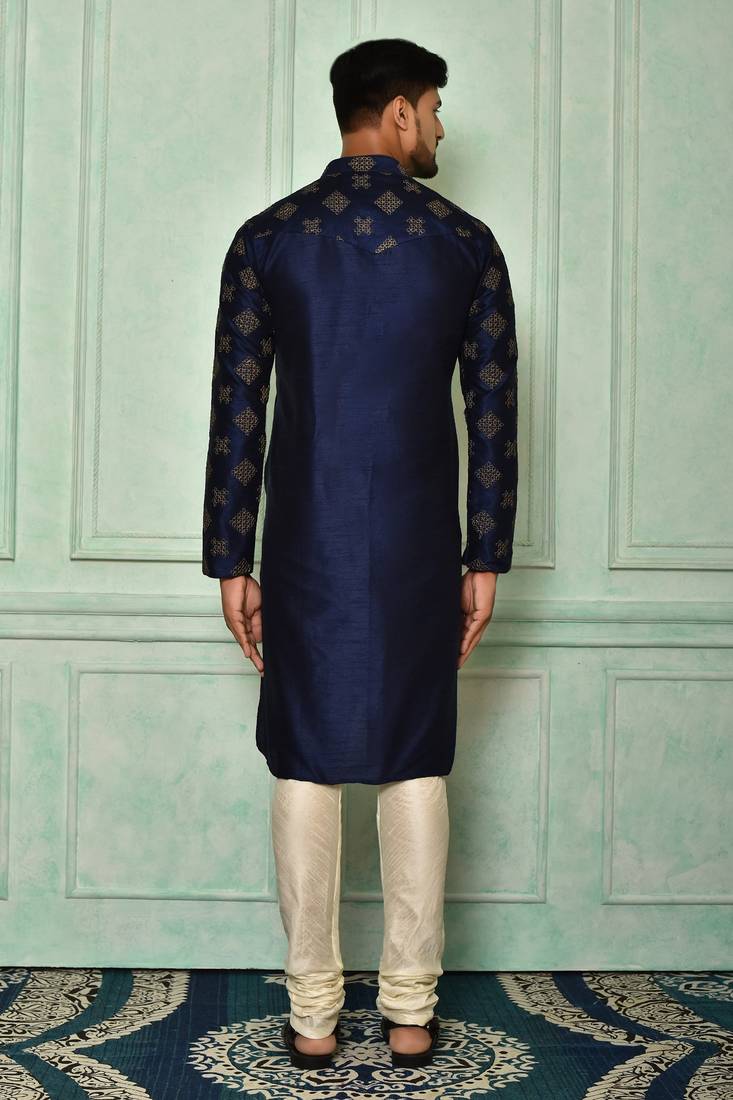Blue dupion art silk  kurta with computerised embroidery machine work churidar