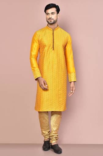 Mustard dupion art silk  kurta with computerised embroidery machine work churidar