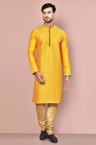 Mustard dupion art silk  kurta with computerised embroidery machine work churidar