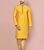 Mustard dupion art silk  kurta with computerised embroidery machine work churidar