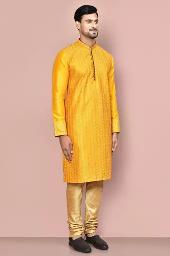 mustard art dupion silk kurta with gold churidar set