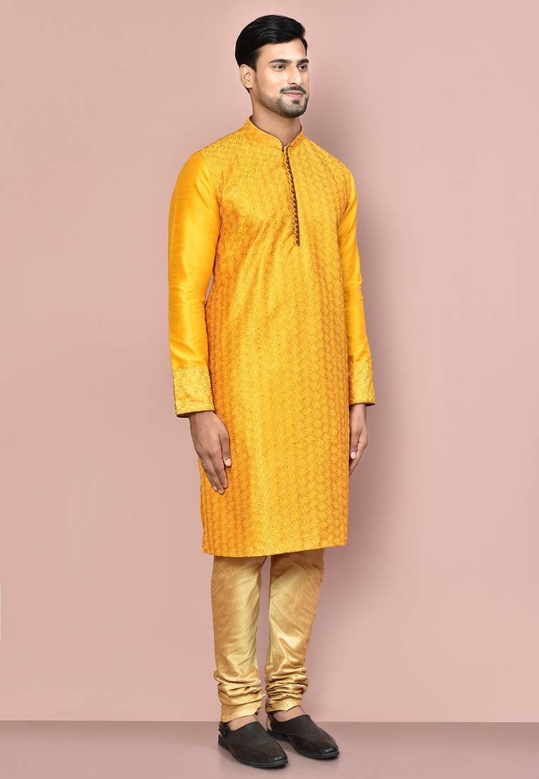 Mustard dupion art silk  kurta with computerised embroidery machine work churidar