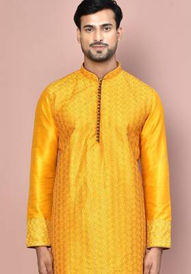 mustard art dupion silk kurta with gold churidar set 3