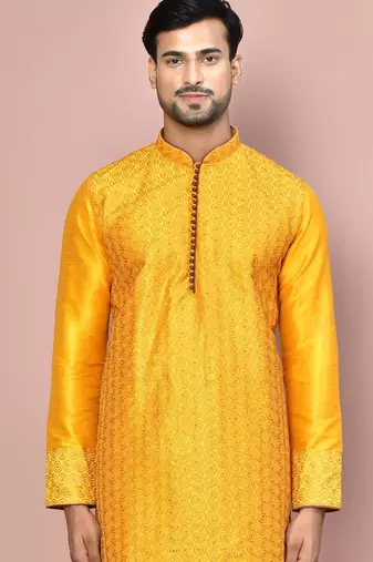 mustard art dupion silk kurta with gold churidar set