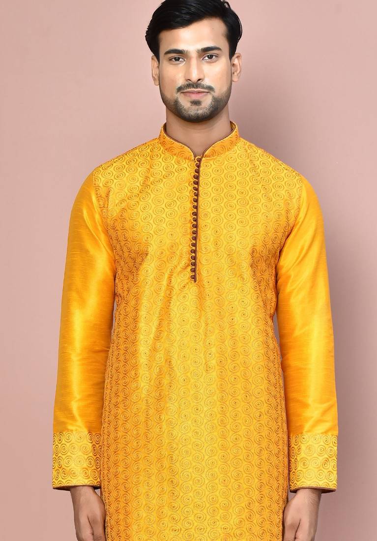 Mustard dupion art silk  kurta with computerised embroidery machine work churidar