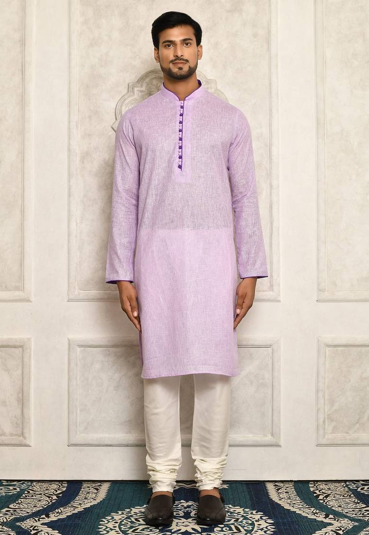 Purple pin cheks cotton   kurta with pipein work hand made buttons churidar