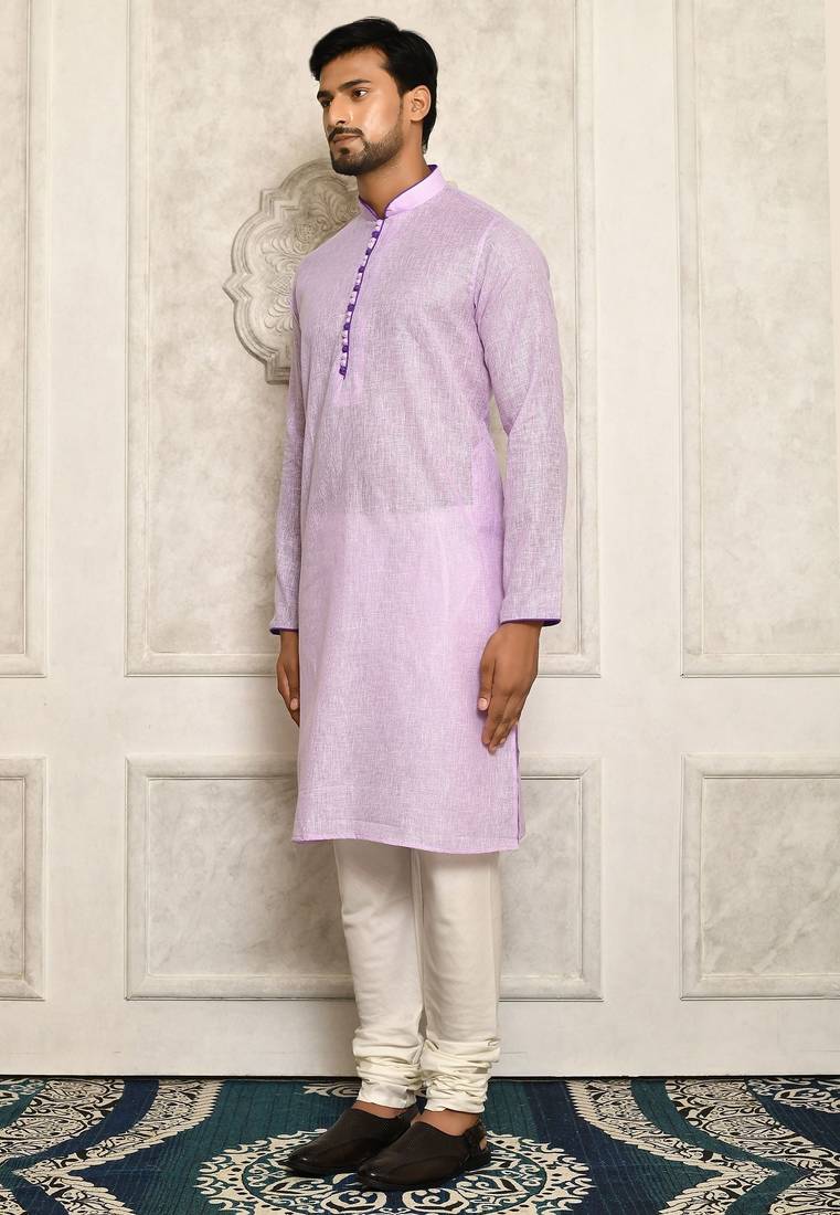 Purple pin cheks cotton   kurta with pipein work hand made buttons churidar