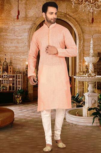 Peach pin cheks cotton   kurta with pipein work hand made buttons churidar