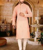 Peach pin cheks cotton   kurta with pipein work hand made buttons churidar