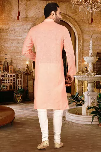 peach cotton kurta with cream churidar set