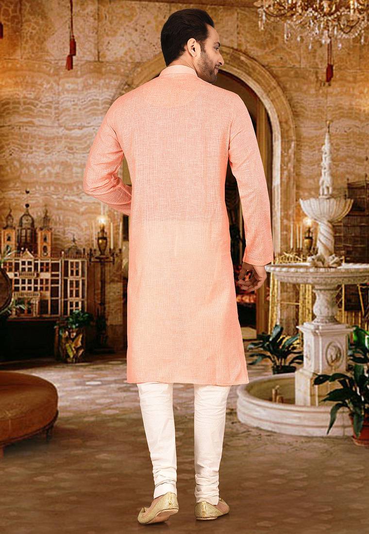 Peach pin cheks cotton   kurta with pipein work hand made buttons churidar