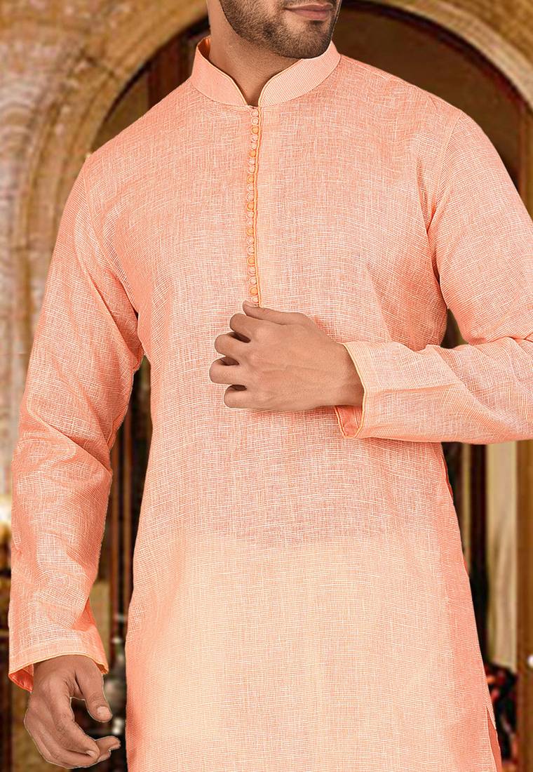 Peach pin cheks cotton   kurta with pipein work hand made buttons churidar