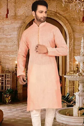 peach cotton kurta with cream churidar set