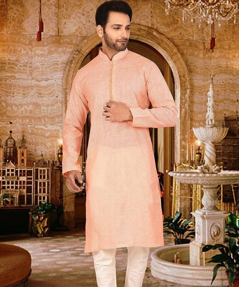 Peach pin cheks cotton   kurta with pipein work hand made buttons churidar