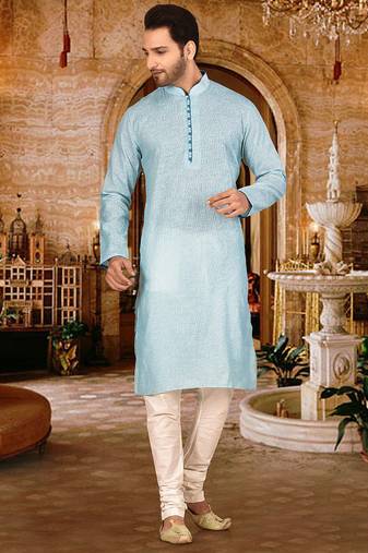 Sky blue pin cheks cotton   kurta with pipein work hand made buttons churidar
