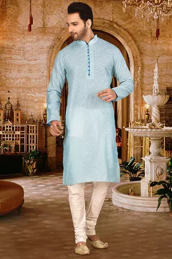 Sky blue pin cheks cotton   kurta with pipein work hand made buttons churidar
