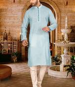 Sky blue pin cheks cotton   kurta with pipein work hand made buttons churidar