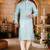 Sky blue pin cheks cotton   kurta with pipein work hand made buttons churidar