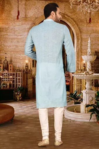 sky blue cotton kurta set with pin checks pipework