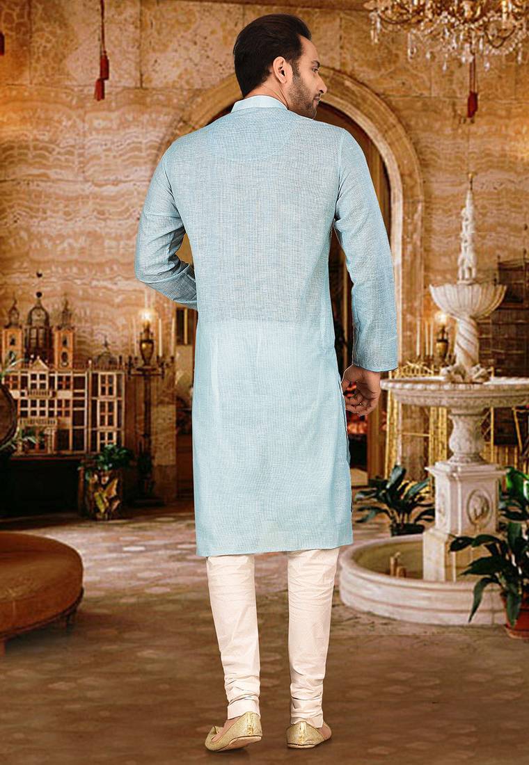 Sky blue pin cheks cotton   kurta with pipein work hand made buttons churidar