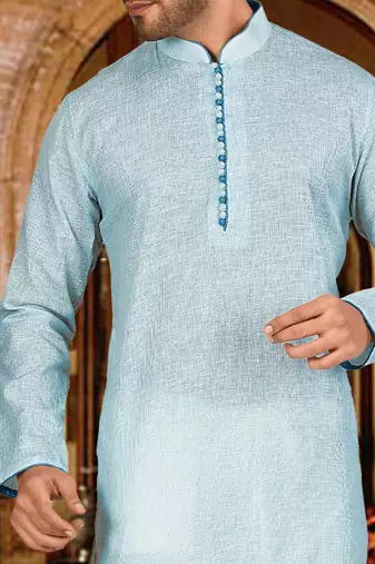 sky blue cotton kurta set with pin checks pipework