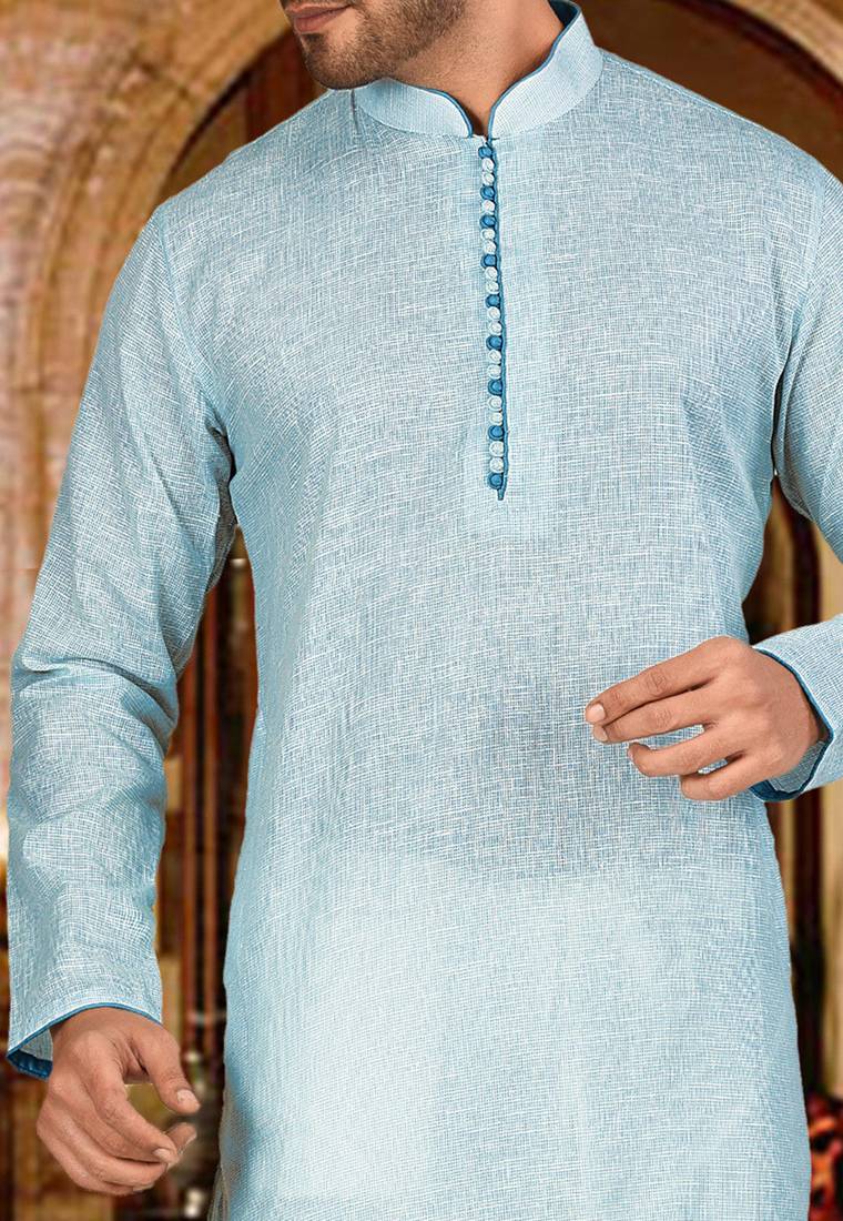 Sky blue pin cheks cotton   kurta with pipein work hand made buttons churidar