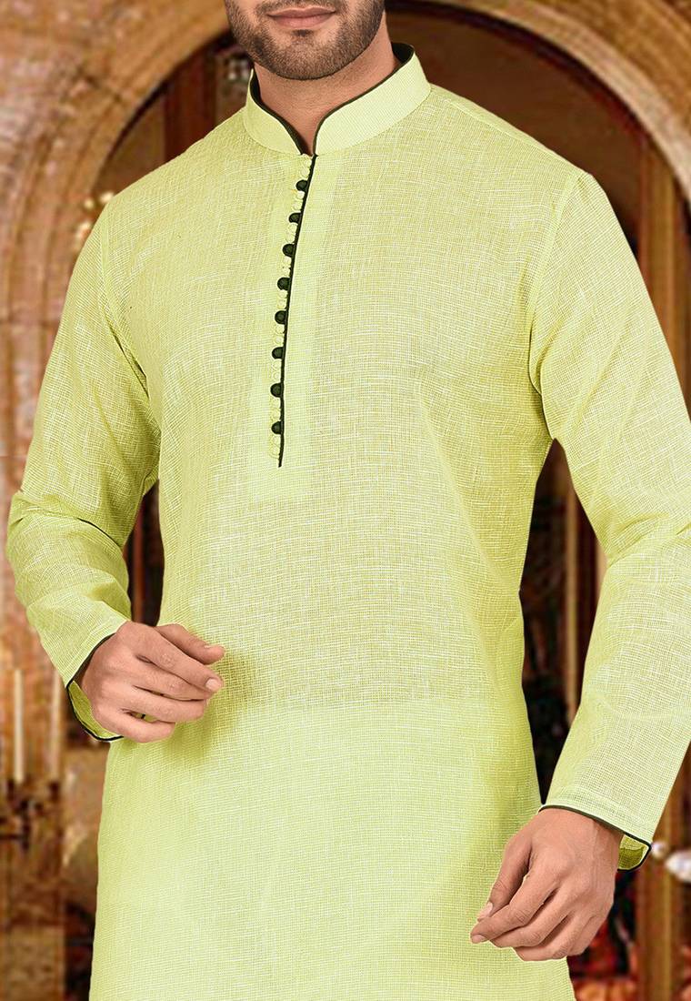 Green pin cheks cotton   kurta with pipein work hand made buttons churidar