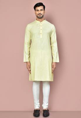 yellow cotton kurta set with stripe fancy buttons 1