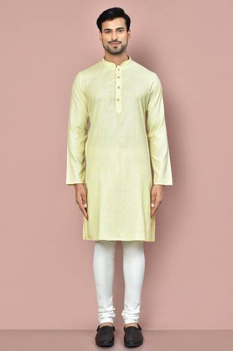 yellow cotton kurta set with stripe fancy buttons