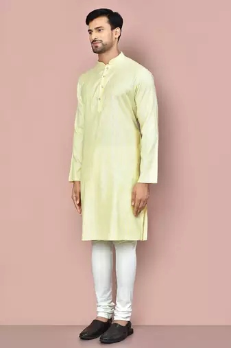 yellow cotton kurta set with stripe fancy buttons