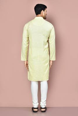yellow cotton kurta set with stripe fancy buttons 3