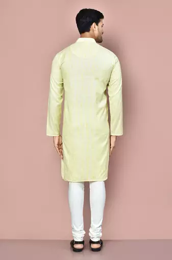 yellow cotton kurta set with stripe fancy buttons