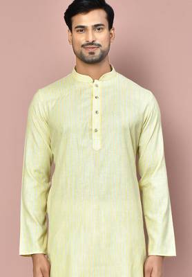 yellow cotton kurta set with stripe fancy buttons 4