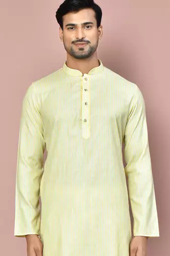 yellow cotton kurta set with stripe fancy buttons
