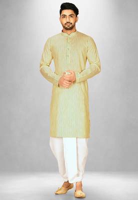 yellow cotton stripe kurta with white dhoti pants set 1