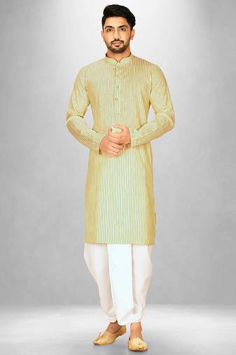 yellow cotton stripe kurta with white dhoti pants set