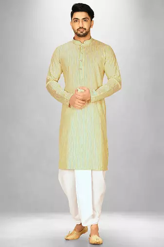 Yellow cotton stripe  kurta with  fancy buttons churidar